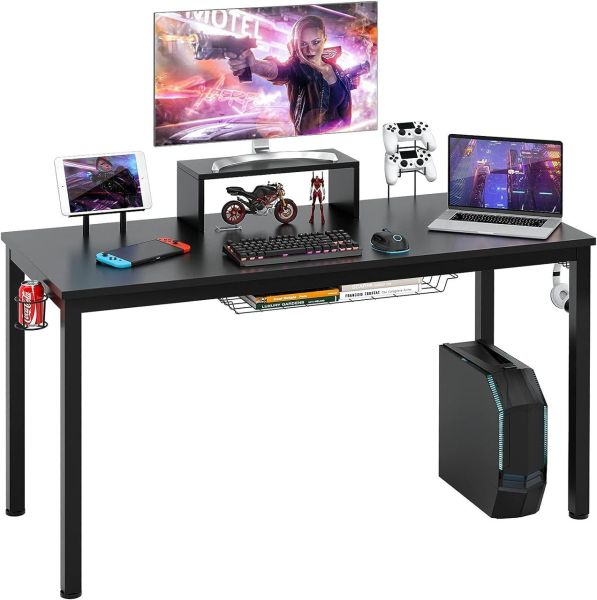 COSTWAY 140cm Gaming Tisch mit Monitorablage, Groß Gamer Schreibtisch