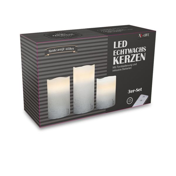 X4-LIFE LED Echtwachskerzen mit Wellenrand und Silberverlauf 3er Set inkl. Fernbedienung