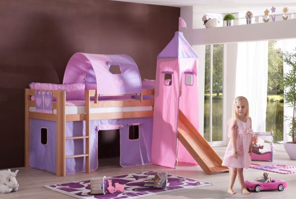 Halbhohes Spielbett ALEX mit Rutsche/Turm/Tunnel Buche massiv natur lackiert mit Stoffset purple/ros