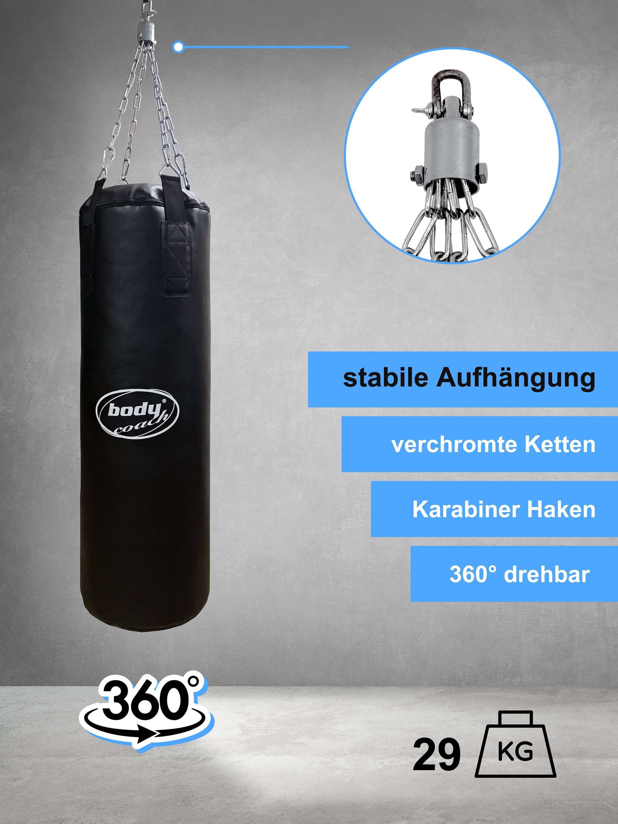 lang schwarz kg Boxsack Norma24 Fitness Body 29 hängend PVC-Leder | gefüllt Coach Sport 95cm
