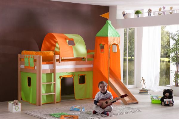 Halbhohes Spielbett ALEX mit Rutsche/Turm/Tunnel Buche massiv natur lackiert mit Stoffset grün/orang