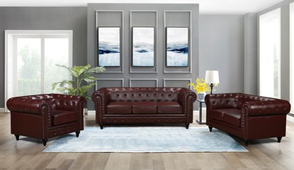 Happy Home gepolsteter 3-2-1 Sitzer Sofa-Set HSP107-DRT dunkelrot Lederoptik