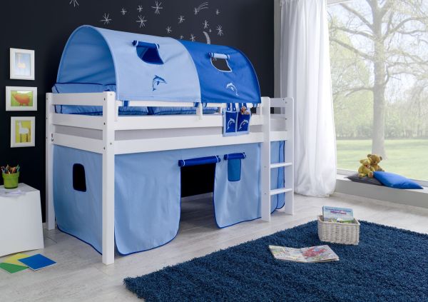 Halbhohes Spielbett ALEX Buche massiv weiß lackiert mit Stoffset blau/delfin
