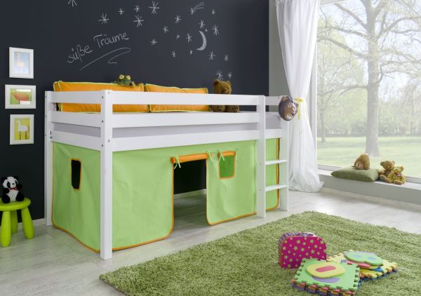 Halbhohes Spielbett ALEX Buche massiv weiß lackiert mit Stoffset Vorhang grün/organge