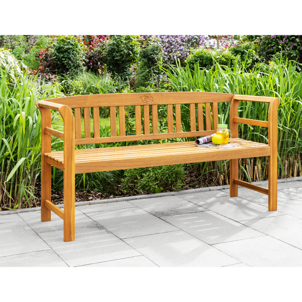 Gartenbank Akazien Holz Wetterfest Tisch Ablage 3-Sitzer mit Rosengravur