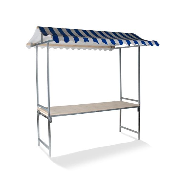 Professional Marktstand blau-weiß, feuerbeständige PVC Plane, Fichtenholz, 200x151x232cm (BxTxH)