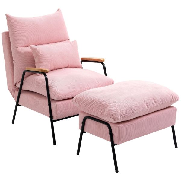 Ohrensessel mit Hocker, Relaxsessel mit neigbarer Rückenlehne, Rosa