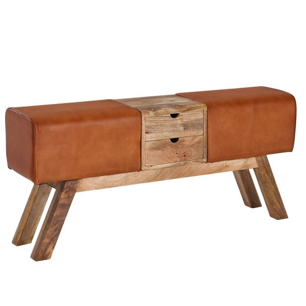 Sitzbank 120x30x56 cm Holz / Leder Braun