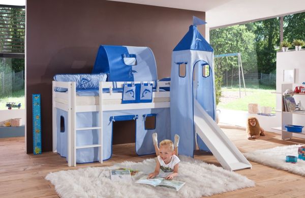 Halbhohes Spielbett ALEX mit Rutsche/Turm/Tunnel Buche massiv weiß lackiert mit Stoffset blau/delfin