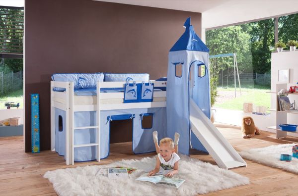 Halbhohes Spielbett ALEX mit Rutsche/Turm Buche massiv weiß lackiert mit Stoffset blau/delfin